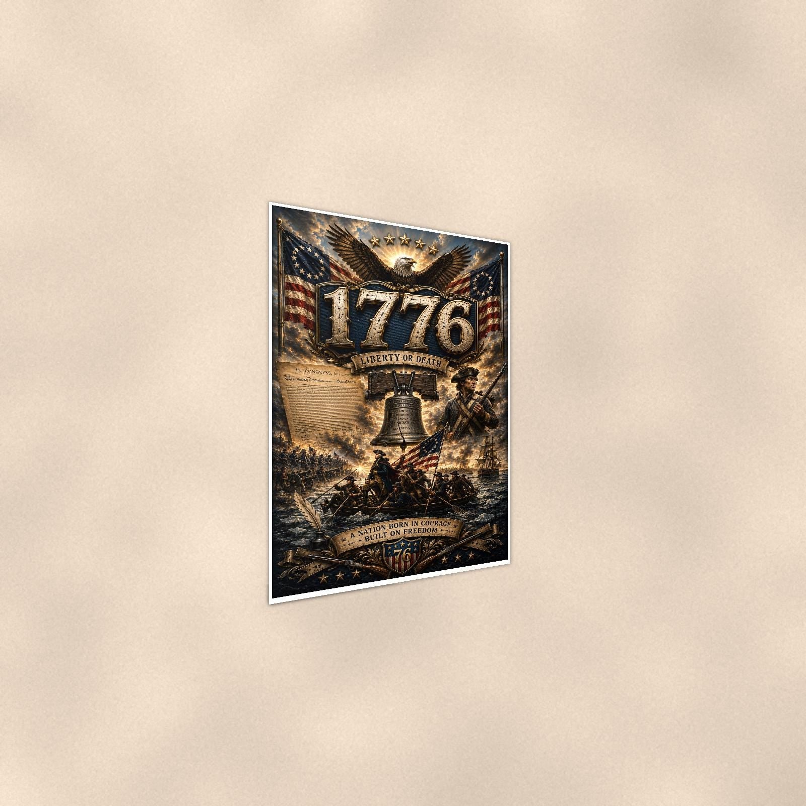 1776 Liberty Or Death (2) — 24x36 in art print poster, premium luster paper with a white border; steeper three-quarter angle on a warm wall, catching the luster sheen.
