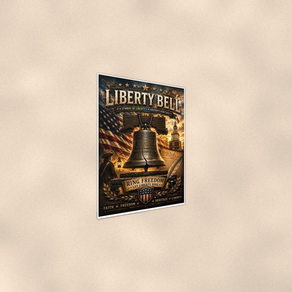 Liberty Bell Let Freedom Ring (2) — 24x36 in art print poster, premium luster paper with a white border; steeper three-quarter angle on a warm wall, catching the luster sheen.