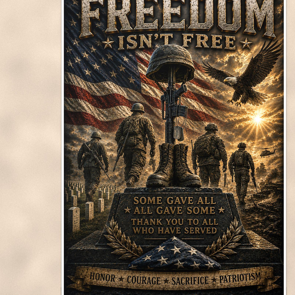 Freedom Isn't Free Memorial (2) — 24x36 in art print poster, premium luster paper with a white border; close-up framed on the main subject of the artwork, paper surface visible.