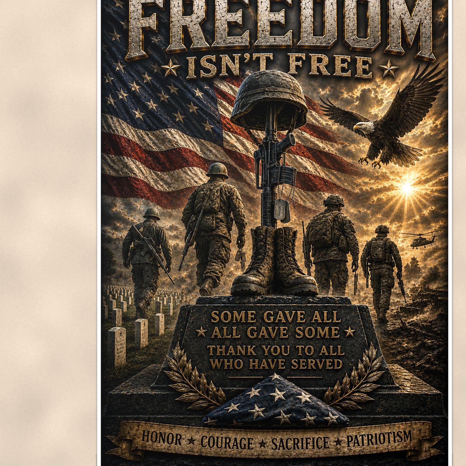 Freedom Isn't Free Memorial (2) — 24x36 in art print poster, premium luster paper with a white border; close-up framed on the main subject of the artwork, paper surface visible.