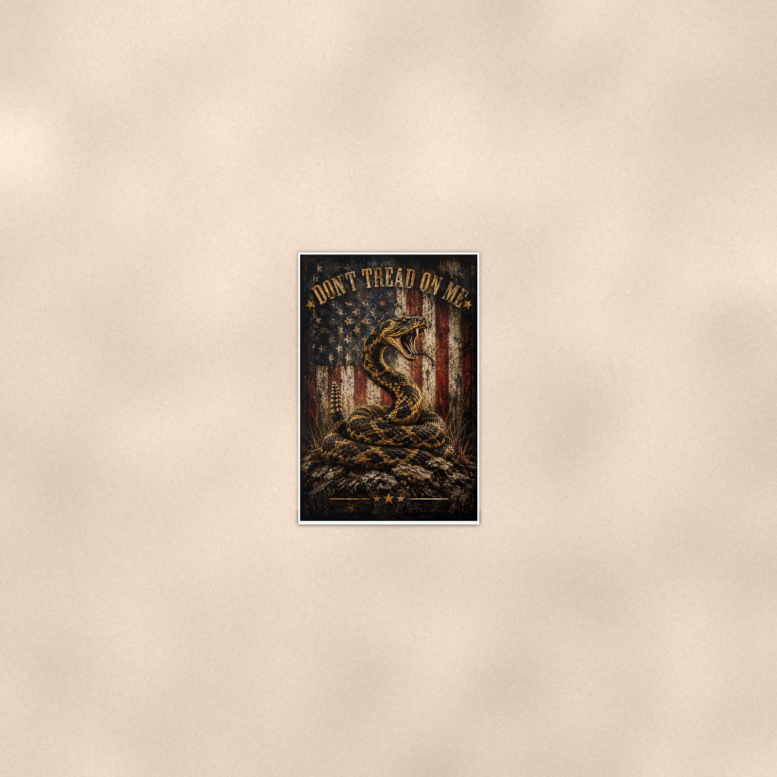 Dont Tread on me Snake and Flag — 24x36 in art print poster, premium luster paper with a white border; poster seen from further back, at true 24x36 in scale on a warm wall.