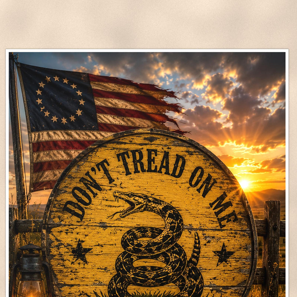 Dont Tread on me Colonial — 24x36 in art print poster, premium luster paper with a white border; close-up framed on the main subject of the artwork, paper surface visible.