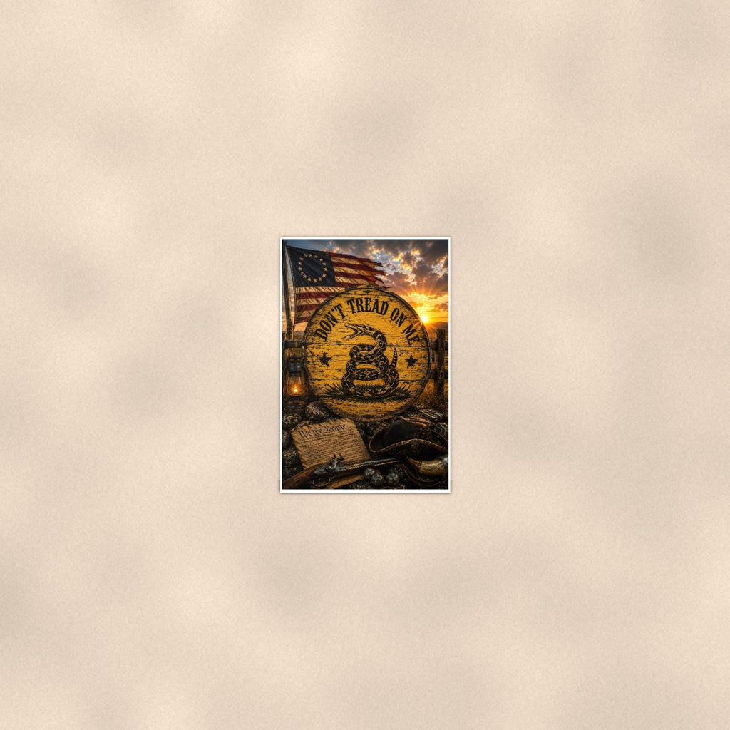 Dont Tread on me Colonial — 24x36 in art print poster, premium luster paper with a white border; poster seen from further back, at true 24x36 in scale on a warm wall.