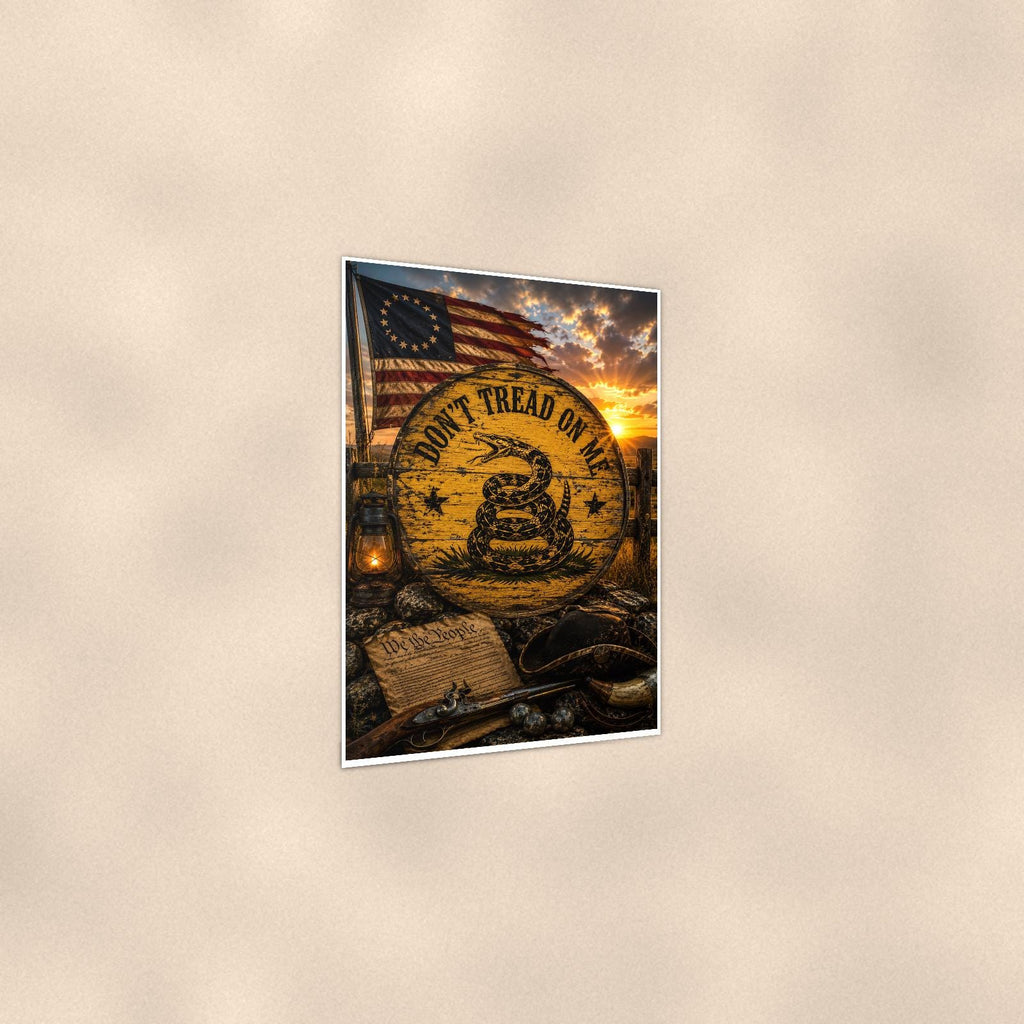 Dont Tread on me Colonial — 24x36 in art print poster, premium luster paper with a white border; gentle three-quarter angle on a warm wall, showing the flat paper edge.