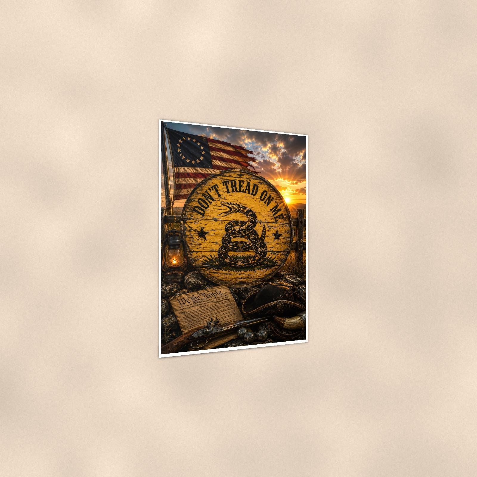 Dont Tread on me Colonial — 24x36 in art print poster, premium luster paper with a white border; gentle three-quarter angle on a warm wall, showing the flat paper edge.