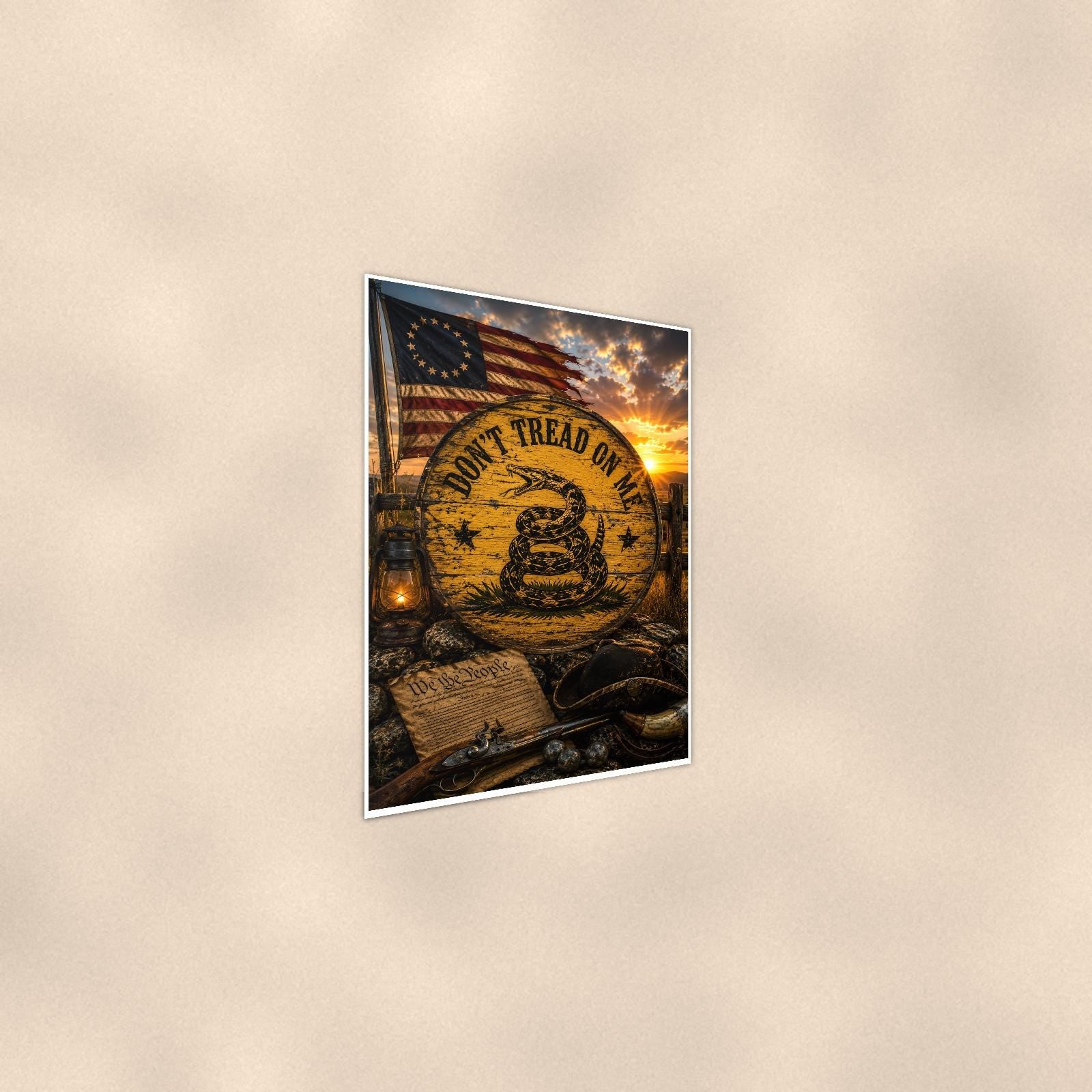 Dont Tread on me Colonial — 24x36 in art print poster, premium luster paper with a white border; steeper three-quarter angle on a warm wall, catching the luster sheen.