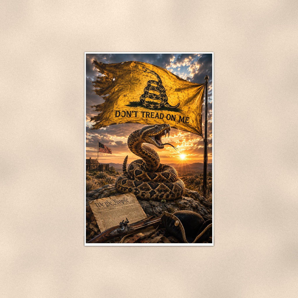 Dont Tread On Me Rattlesnake — 24x36 in art print poster, premium luster paper with a white border; poster shown straight on against a warm wall.