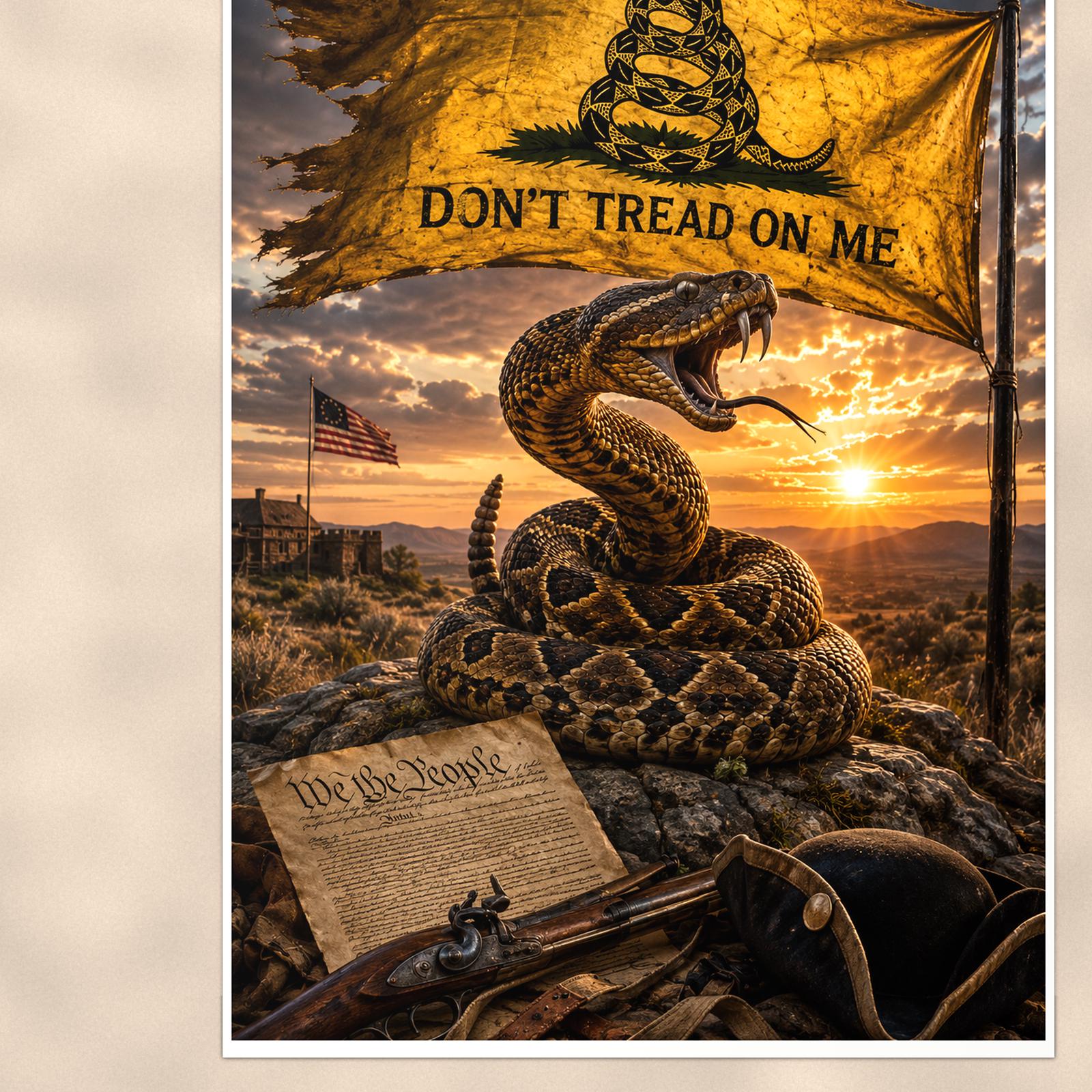Dont Tread On Me Rattlesnake — 24x36 in art print poster, premium luster paper with a white border; close-up framed on the main subject of the artwork, paper surface visible.