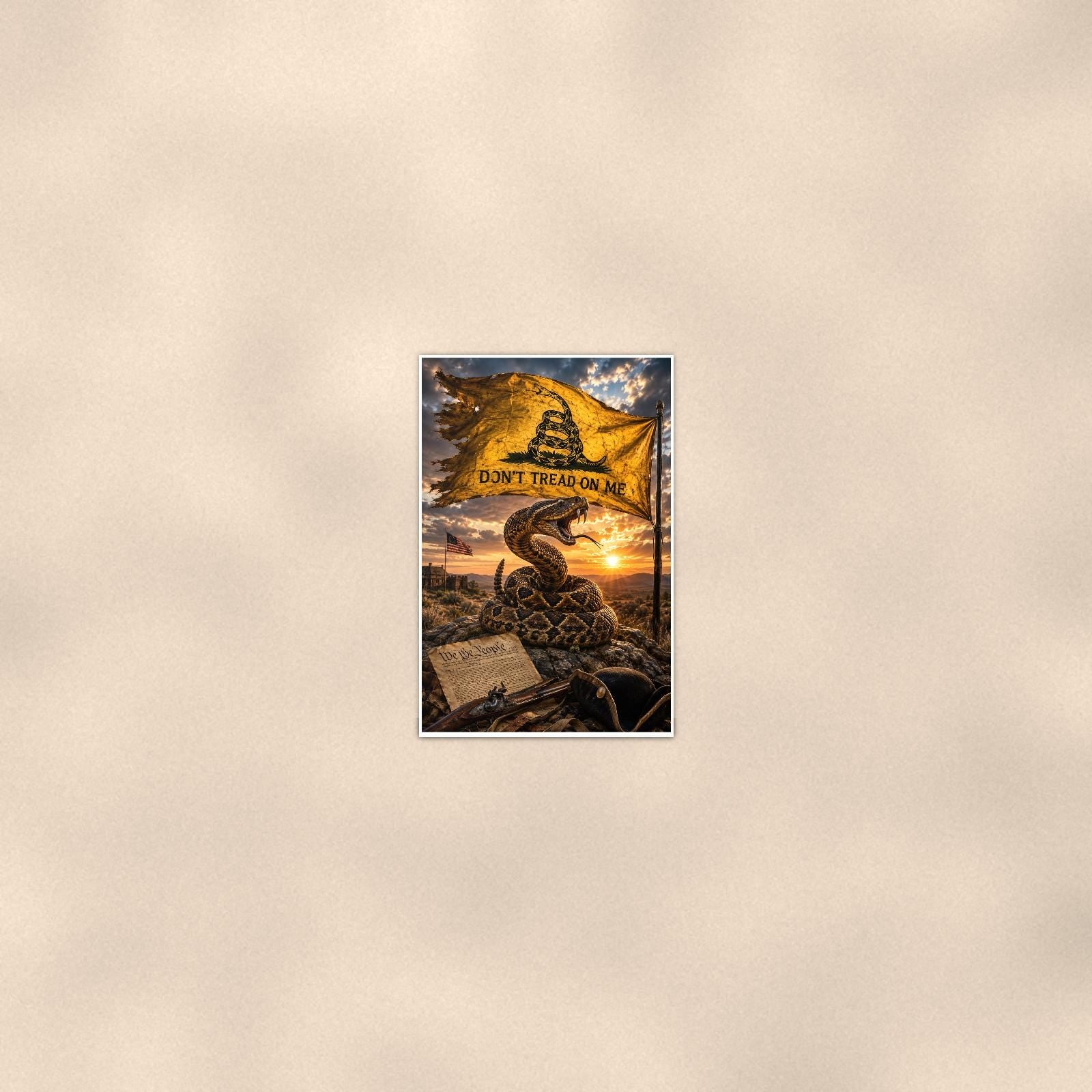 Dont Tread On Me Rattlesnake — 24x36 in art print poster, premium luster paper with a white border; poster seen from further back, at true 24x36 in scale on a warm wall.