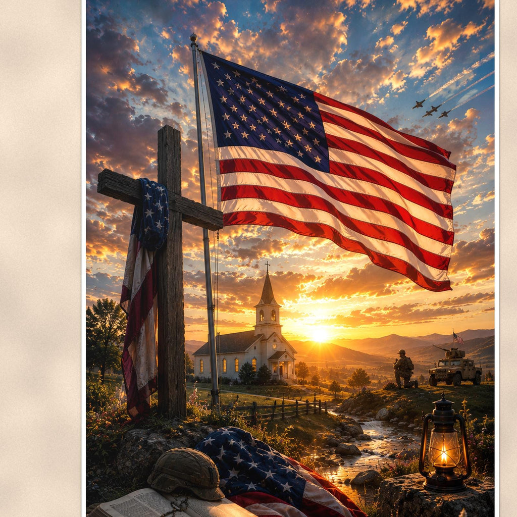 Flag and Cross Memorial — 24x36 in art print poster, premium luster paper with a white border; close-up framed on the main subject of the artwork, paper surface visible.