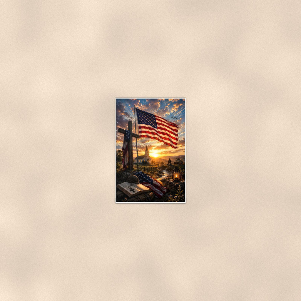 Flag and Cross Memorial — 24x36 in art print poster, premium luster paper with a white border; poster seen from further back, at true 24x36 in scale on a warm wall.