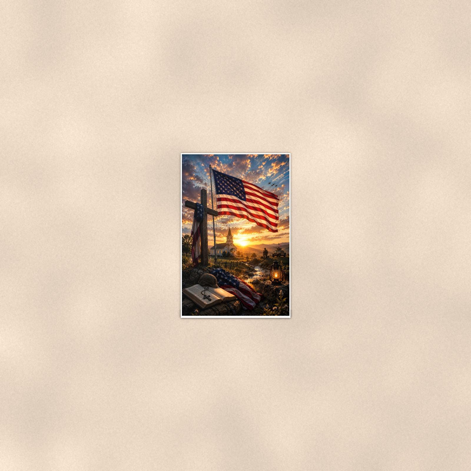 Flag and Cross Memorial — 24x36 in art print poster, premium luster paper with a white border; poster seen from further back, at true 24x36 in scale on a warm wall.