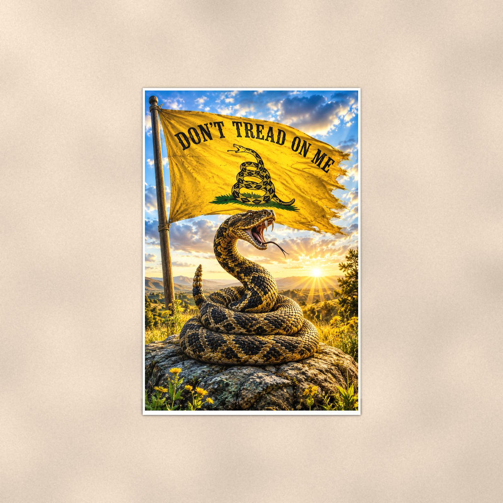 Gadsden Meadow Rattler — 24x36 in art print poster, premium luster paper with a white border; poster shown straight on against a warm wall.