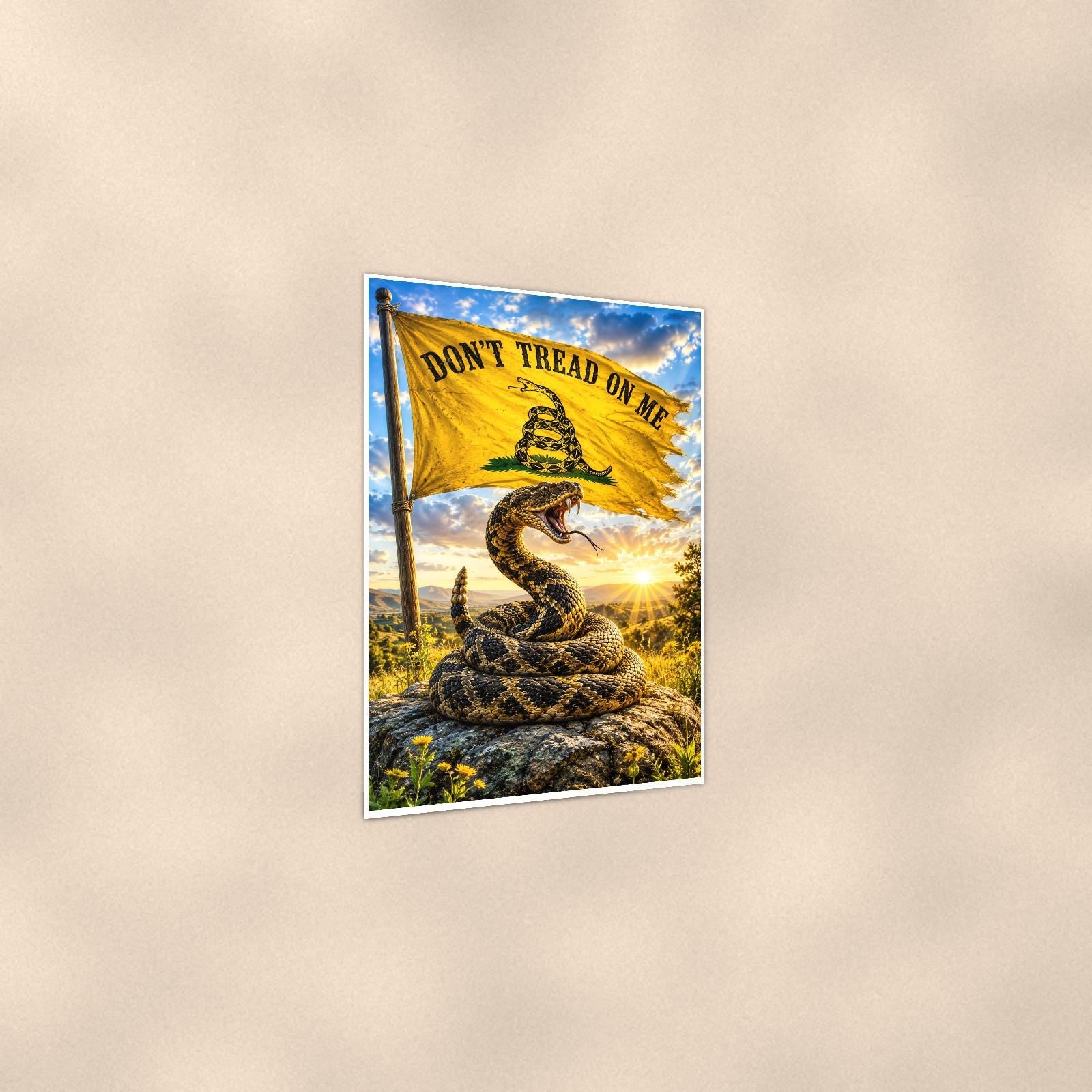 Gadsden Meadow Rattler — 24x36 in art print poster, premium luster paper with a white border; gentle three-quarter angle on a warm wall, showing the flat paper edge.