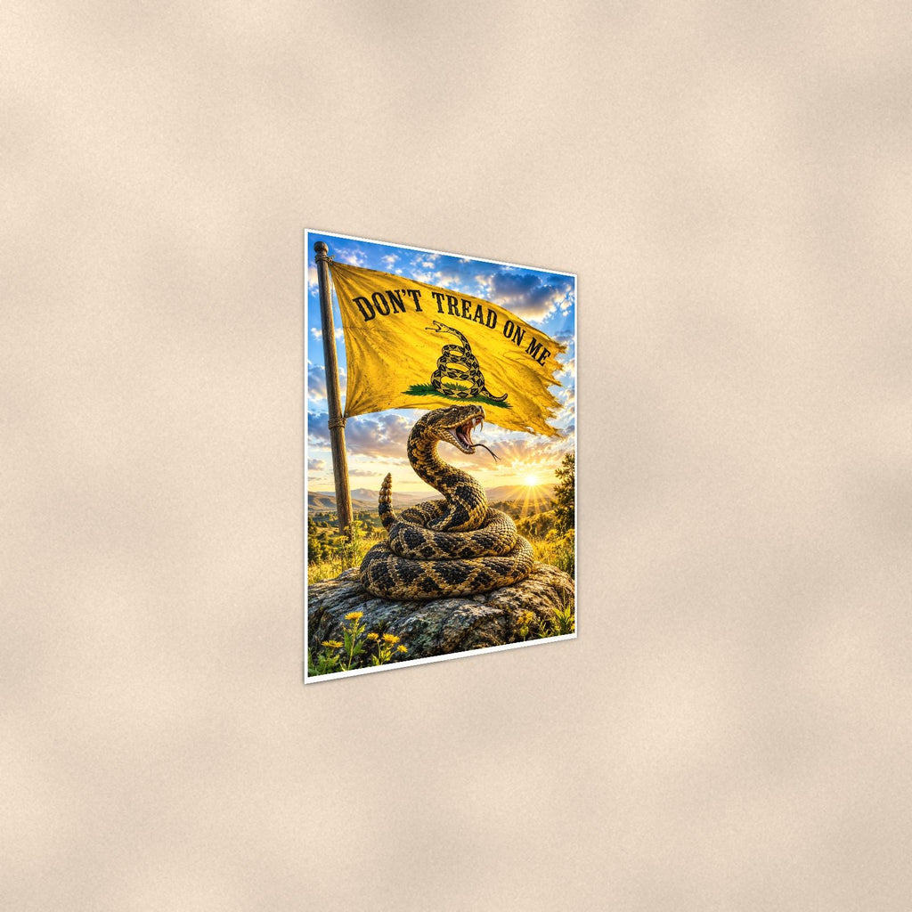 Gadsden Meadow Rattler — 24x36 in art print poster, premium luster paper with a white border; steeper three-quarter angle on a warm wall, catching the luster sheen.
