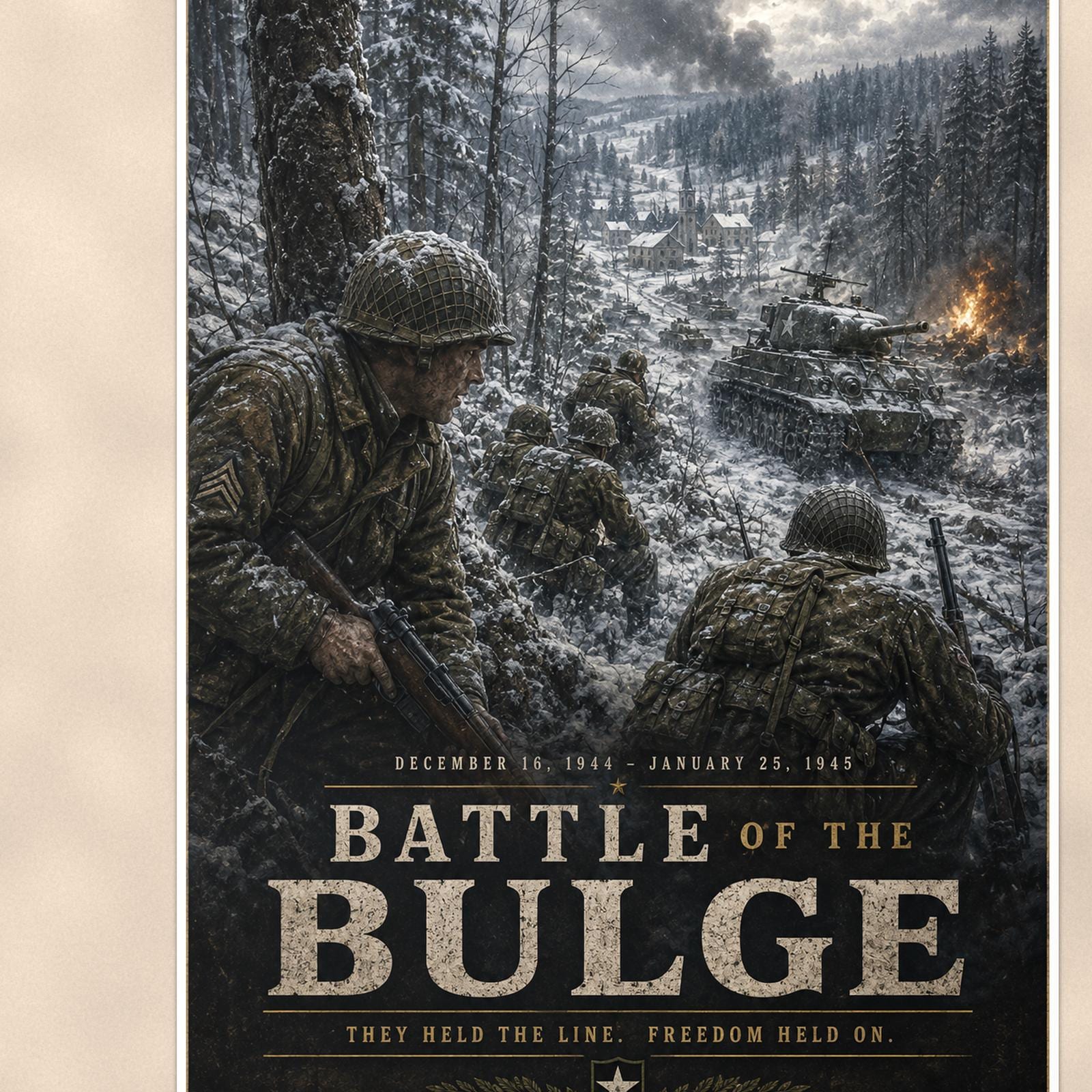 Battle Of The Bulge — 24x36 in art print poster, premium luster paper with a white border; close-up framed on the main subject of the artwork, paper surface visible.