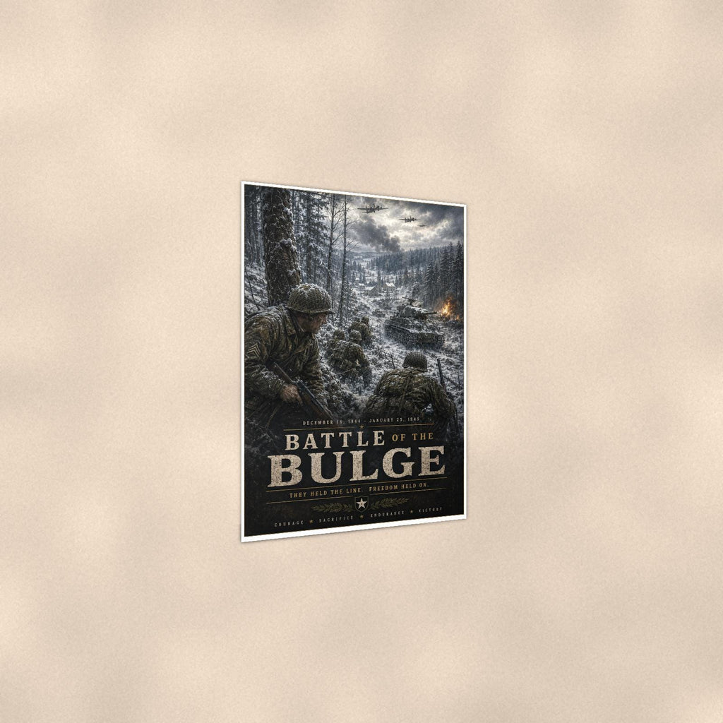 Battle Of The Bulge — 24x36 in art print poster, premium luster paper with a white border; gentle three-quarter angle on a warm wall, showing the flat paper edge.