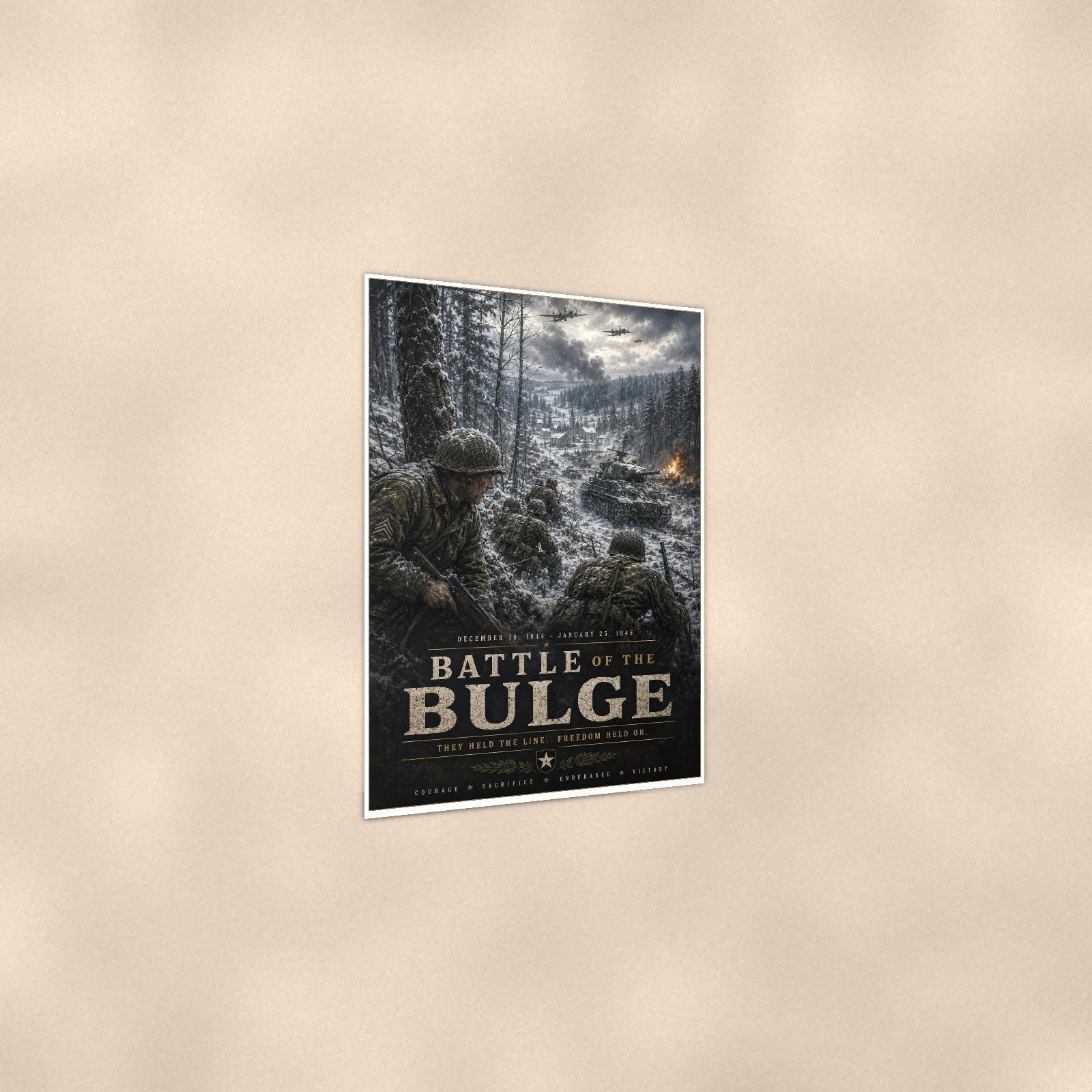 Battle Of The Bulge — 24x36 in art print poster, premium luster paper with a white border; gentle three-quarter angle on a warm wall, showing the flat paper edge.