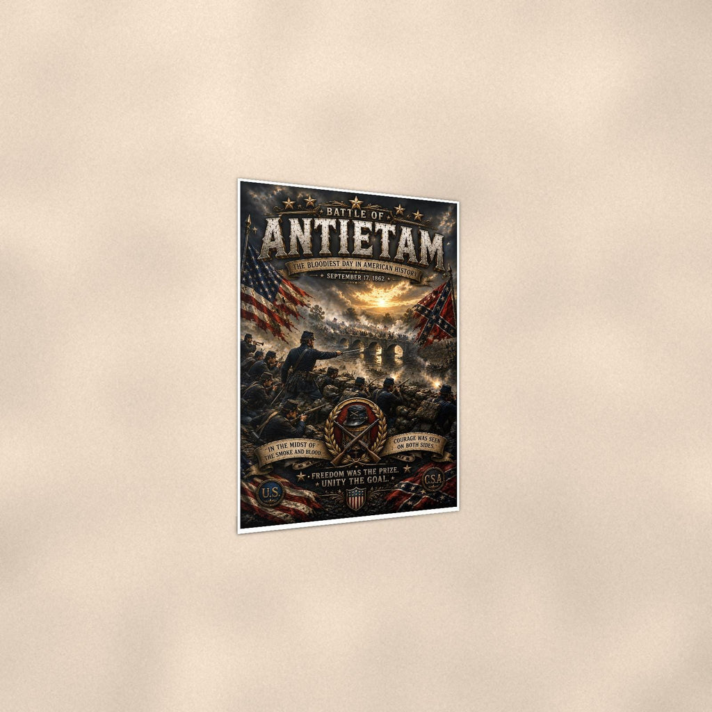 Battle of Antietam — 24x36 in art print poster, premium luster paper with a white border; gentle three-quarter angle on a warm wall, showing the flat paper edge.