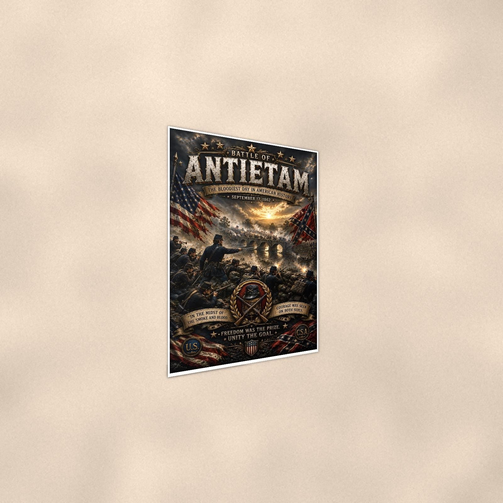 Battle of Antietam — 24x36 in art print poster, premium luster paper with a white border; steeper three-quarter angle on a warm wall, catching the luster sheen.