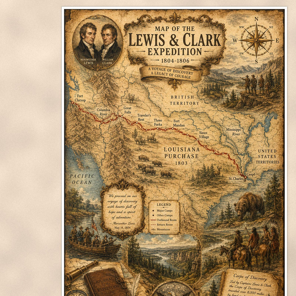 Lewis and Clark Map — 24x36 in art print poster, premium luster paper with a white border; close-up framed on the main subject of the artwork, paper surface visible.
