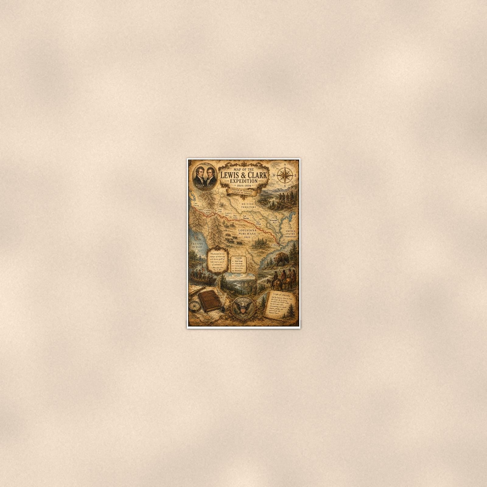 Lewis and Clark Map — 24x36 in art print poster, premium luster paper with a white border; poster seen from further back, at true 24x36 in scale on a warm wall.