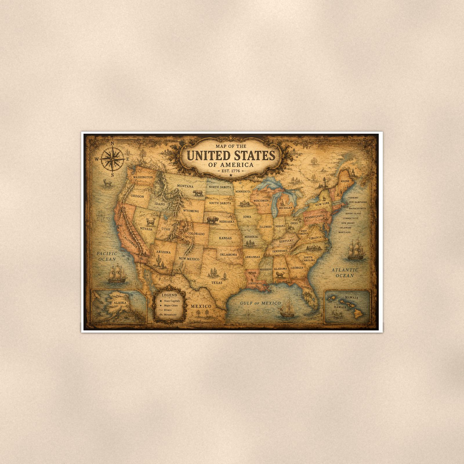 Vintage United States Map — 36x24 in art print poster, premium luster paper with a white border; poster shown straight on against a warm wall.