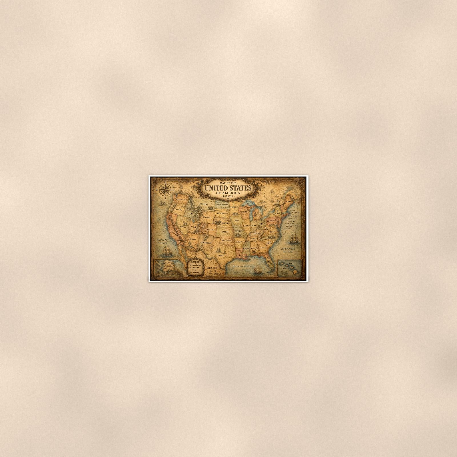 Vintage United States Map — 36x24 in art print poster, premium luster paper with a white border; poster seen from further back, at true 24x36 in scale on a warm wall.