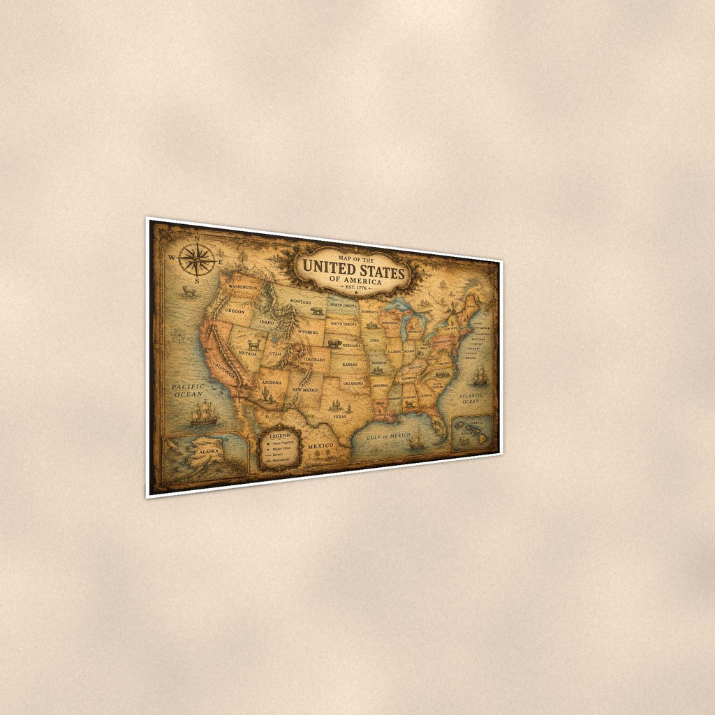 Vintage United States Map — 36x24 in art print poster, premium luster paper with a white border; steeper three-quarter angle on a warm wall, catching the luster sheen.