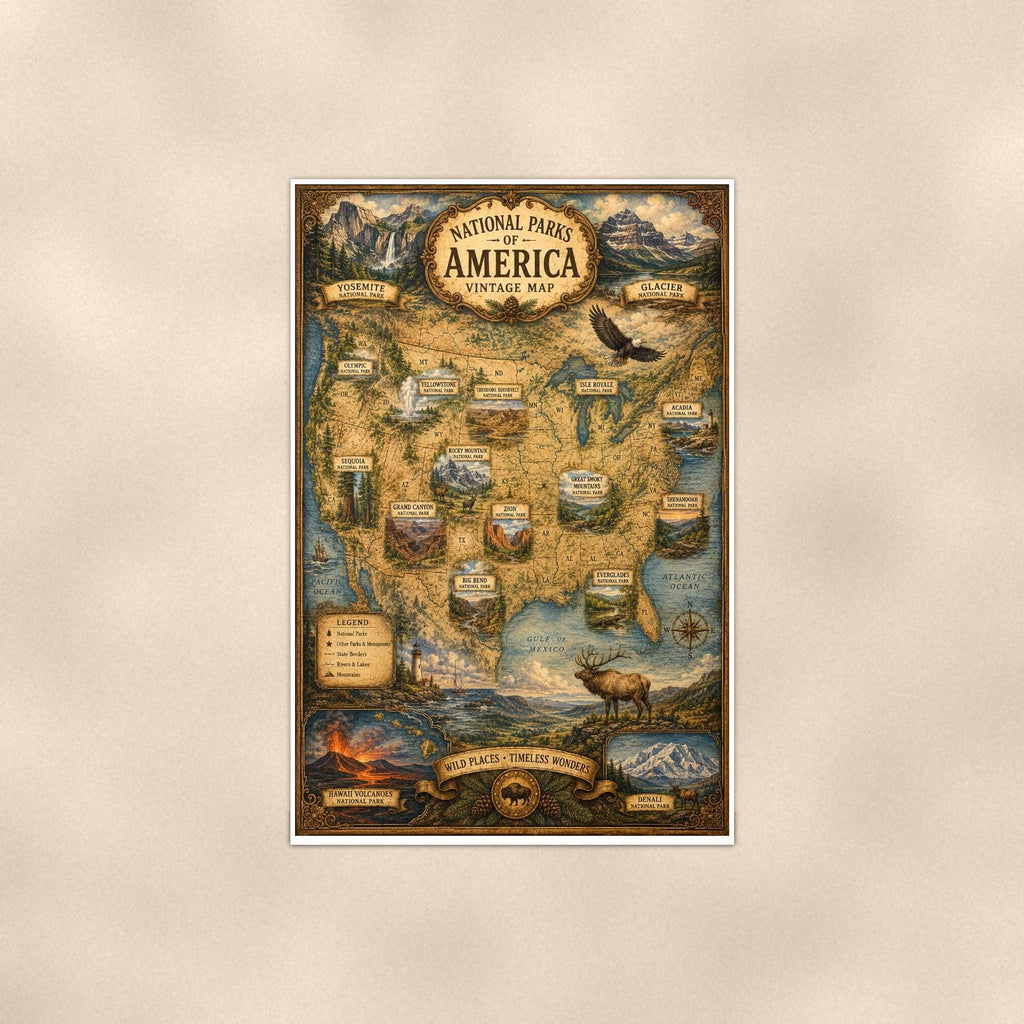 Vintage America Map — 24x36 in art print poster, premium luster paper with a white border; poster shown straight on against a warm wall.