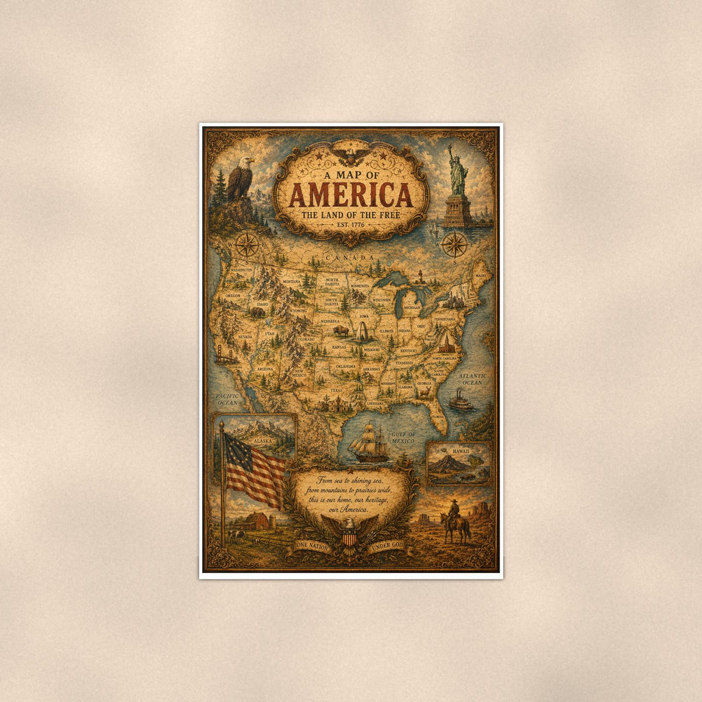 Vintage Map of America — 24x36 in art print poster, premium luster paper with a white border; poster shown straight on against a warm wall.
