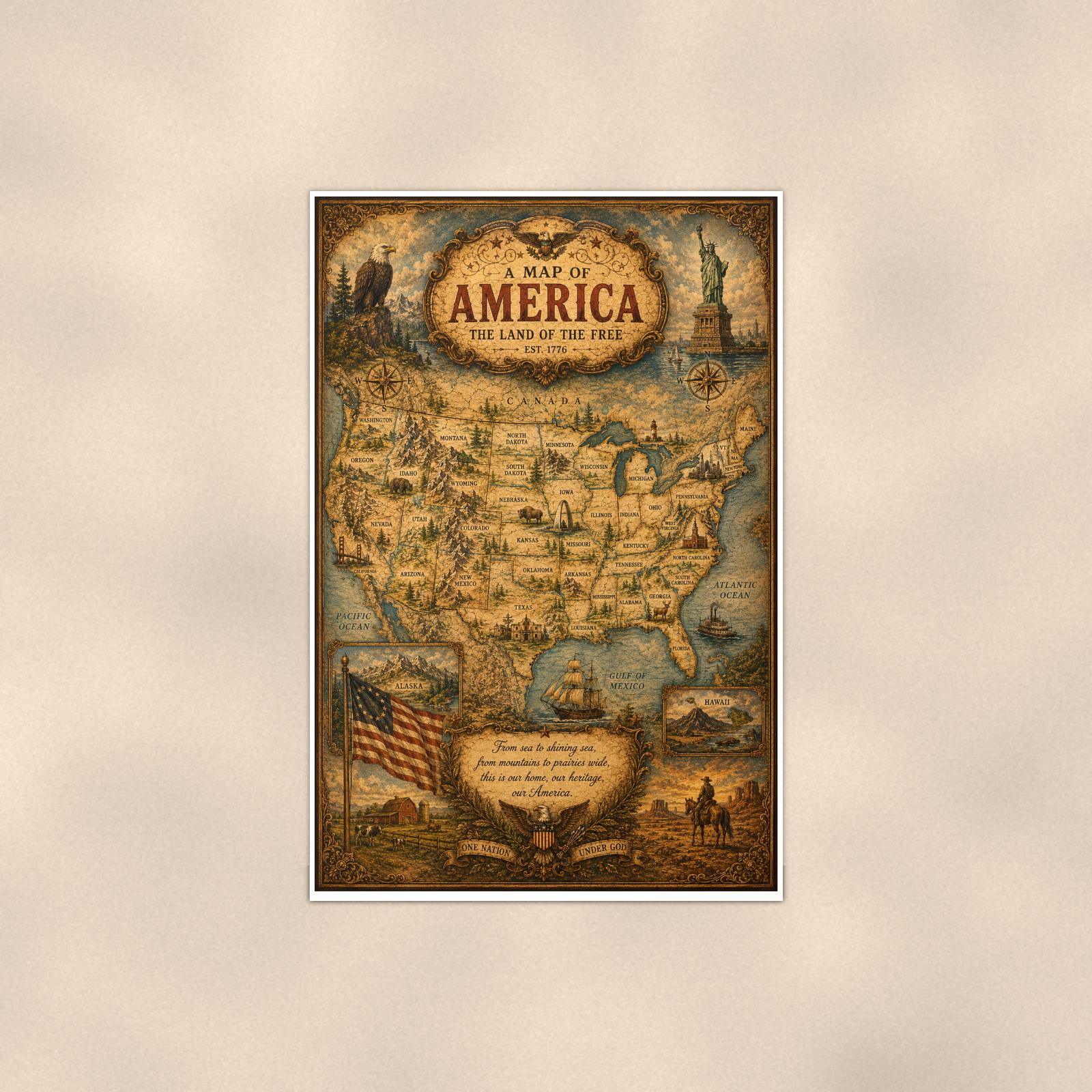 Vintage Map of America — 24x36 in art print poster, premium luster paper with a white border; poster shown straight on against a warm wall.