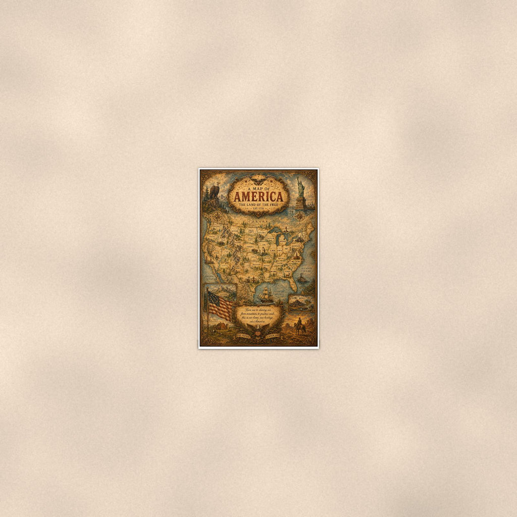 Vintage Map of America — 24x36 in art print poster, premium luster paper with a white border; poster seen from further back, at true 24x36 in scale on a warm wall.
