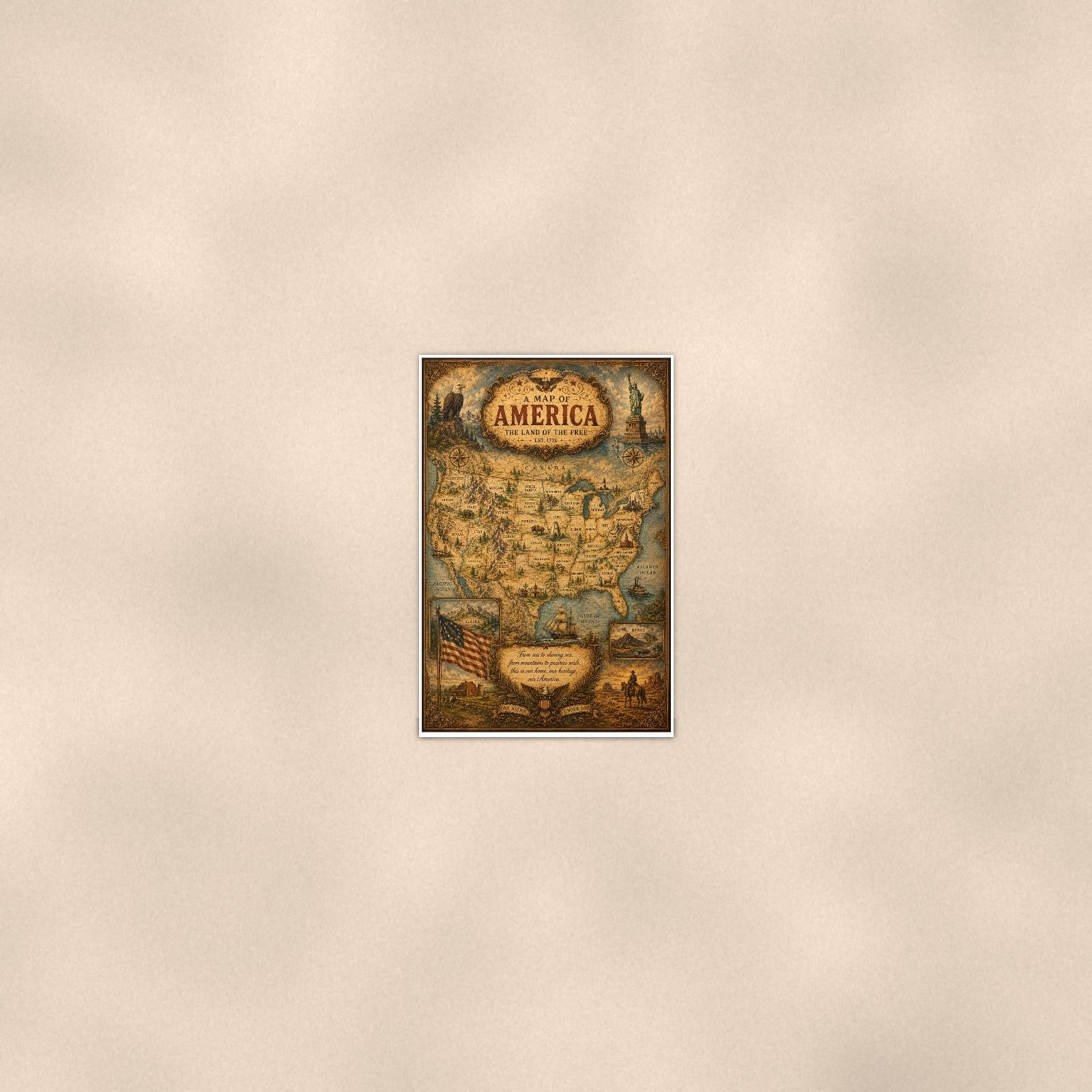 Vintage Map of America — 24x36 in art print poster, premium luster paper with a white border; poster seen from further back, at true 24x36 in scale on a warm wall.