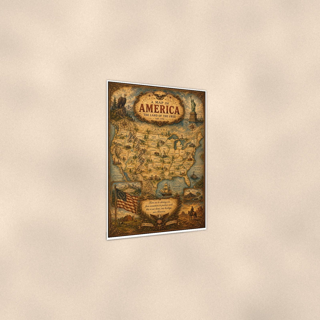 Vintage Map of America — 24x36 in art print poster, premium luster paper with a white border; gentle three-quarter angle on a warm wall, showing the flat paper edge.
