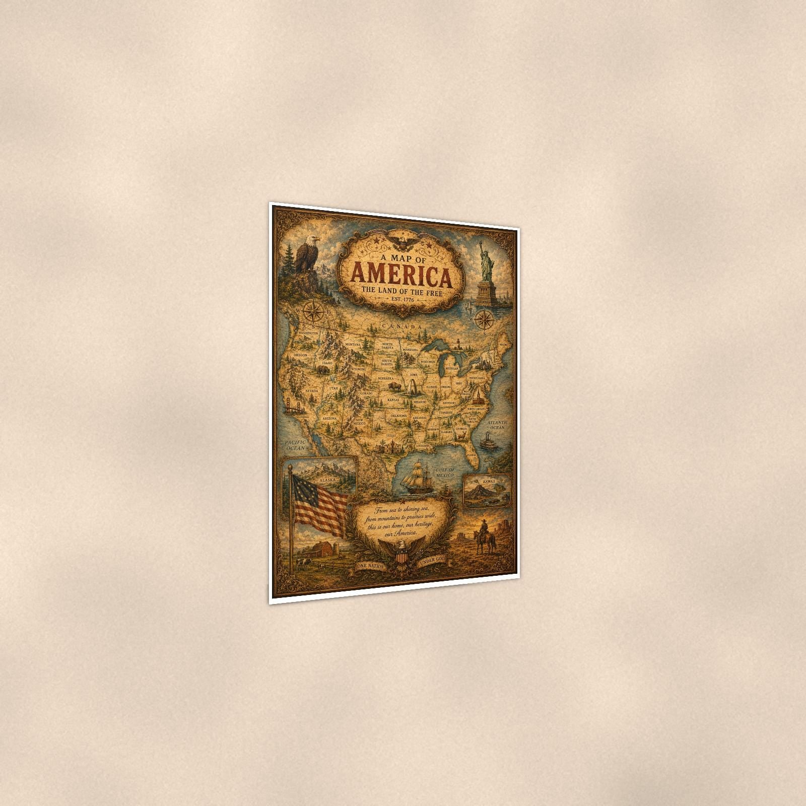 Vintage Map of America — 24x36 in art print poster, premium luster paper with a white border; gentle three-quarter angle on a warm wall, showing the flat paper edge.