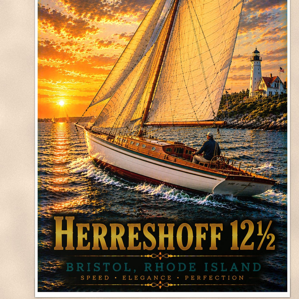 Sailboat on open water — 24x36 in art print poster, premium luster paper with a white border; close-up framed on the main subject of the artwork, paper surface visible.