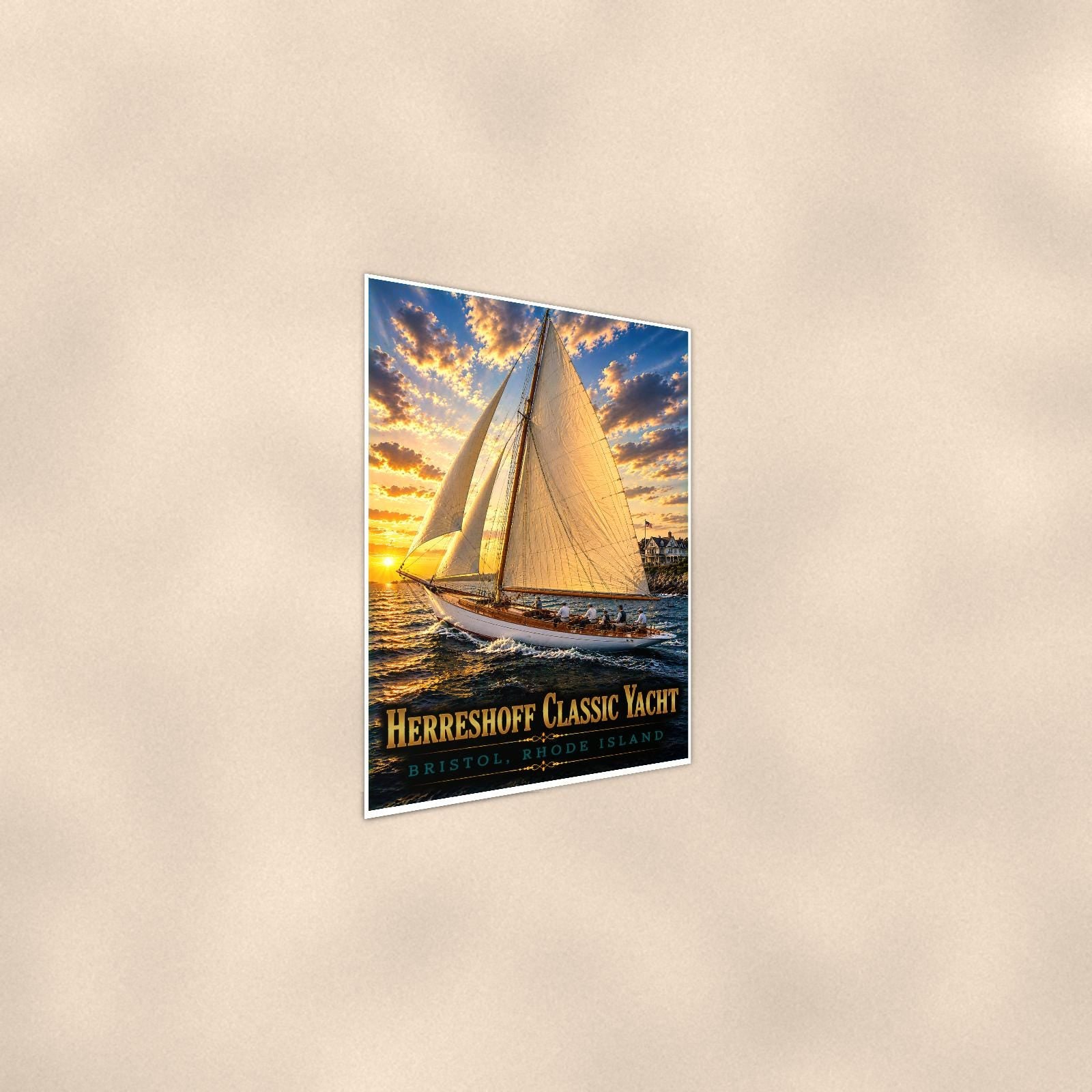 Sailboat on open water — 24x36 in art print poster, premium luster paper with a white border; steeper three-quarter angle on a warm wall, catching the luster sheen.