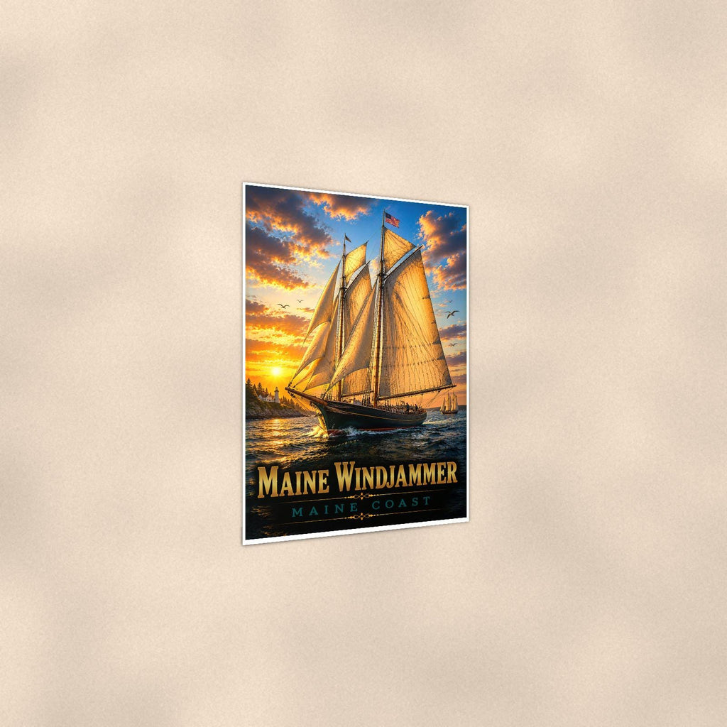 Sailboat on open water — 24x36 in art print poster, premium luster paper with a white border; gentle three-quarter angle on a warm wall, showing the flat paper edge.