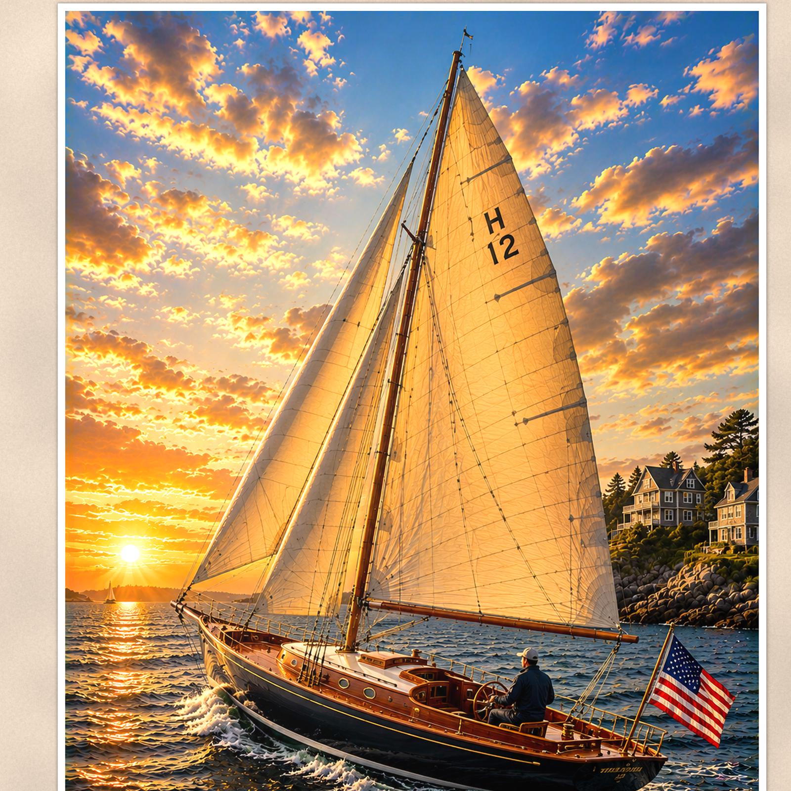 Sailboat on open water — 24x36 in art print poster, premium luster paper with a white border; close-up framed on the main subject of the artwork, paper surface visible.
