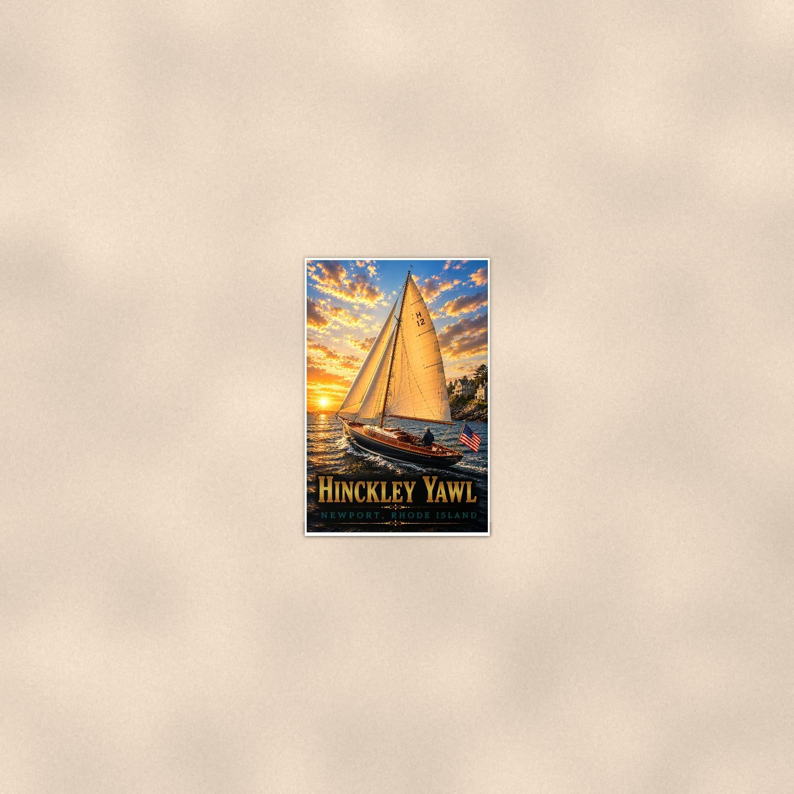 Sailboat on open water — 24x36 in art print poster, premium luster paper with a white border; poster seen from further back, at true 24x36 in scale on a warm wall.