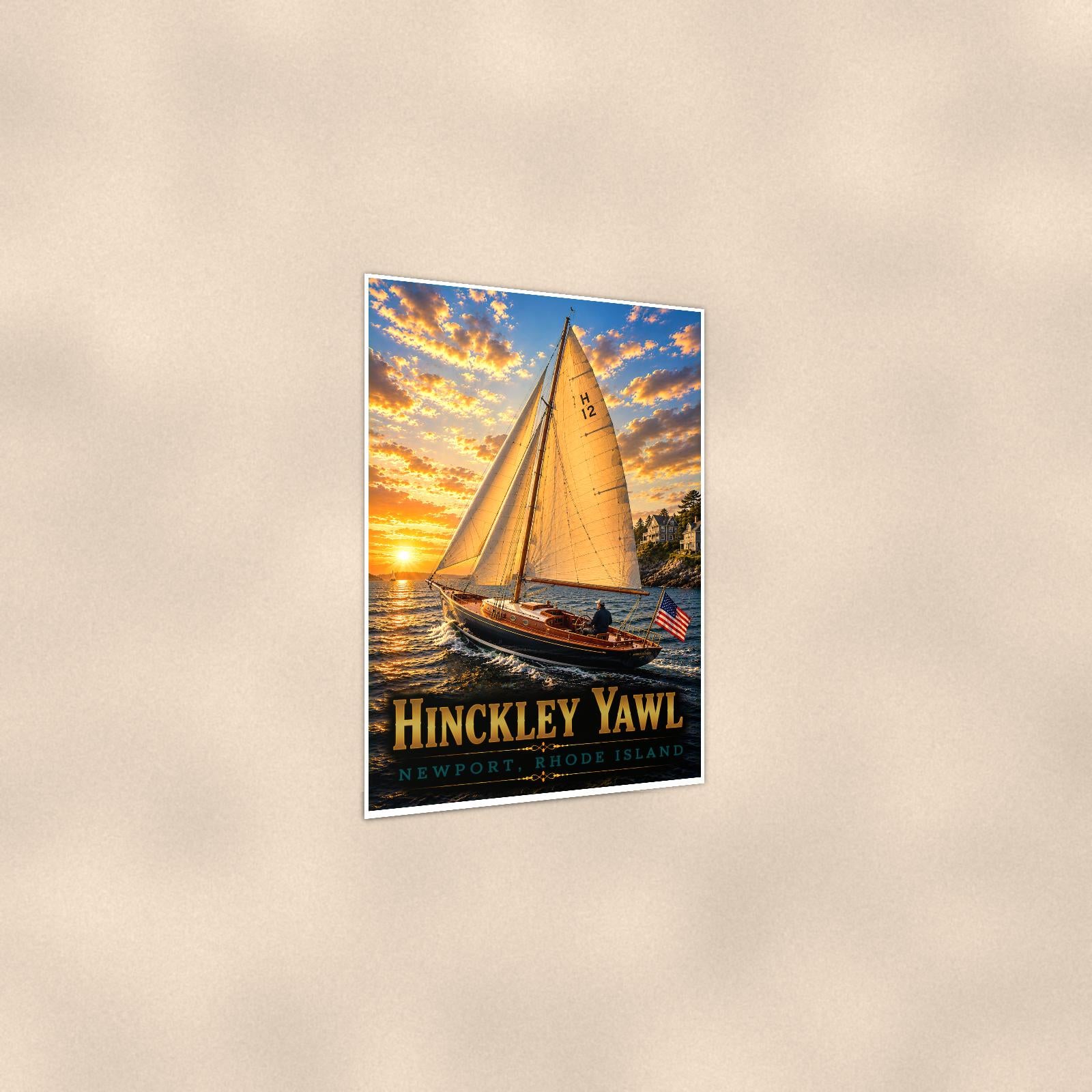 Sailboat on open water — 24x36 in art print poster, premium luster paper with a white border; gentle three-quarter angle on a warm wall, showing the flat paper edge.