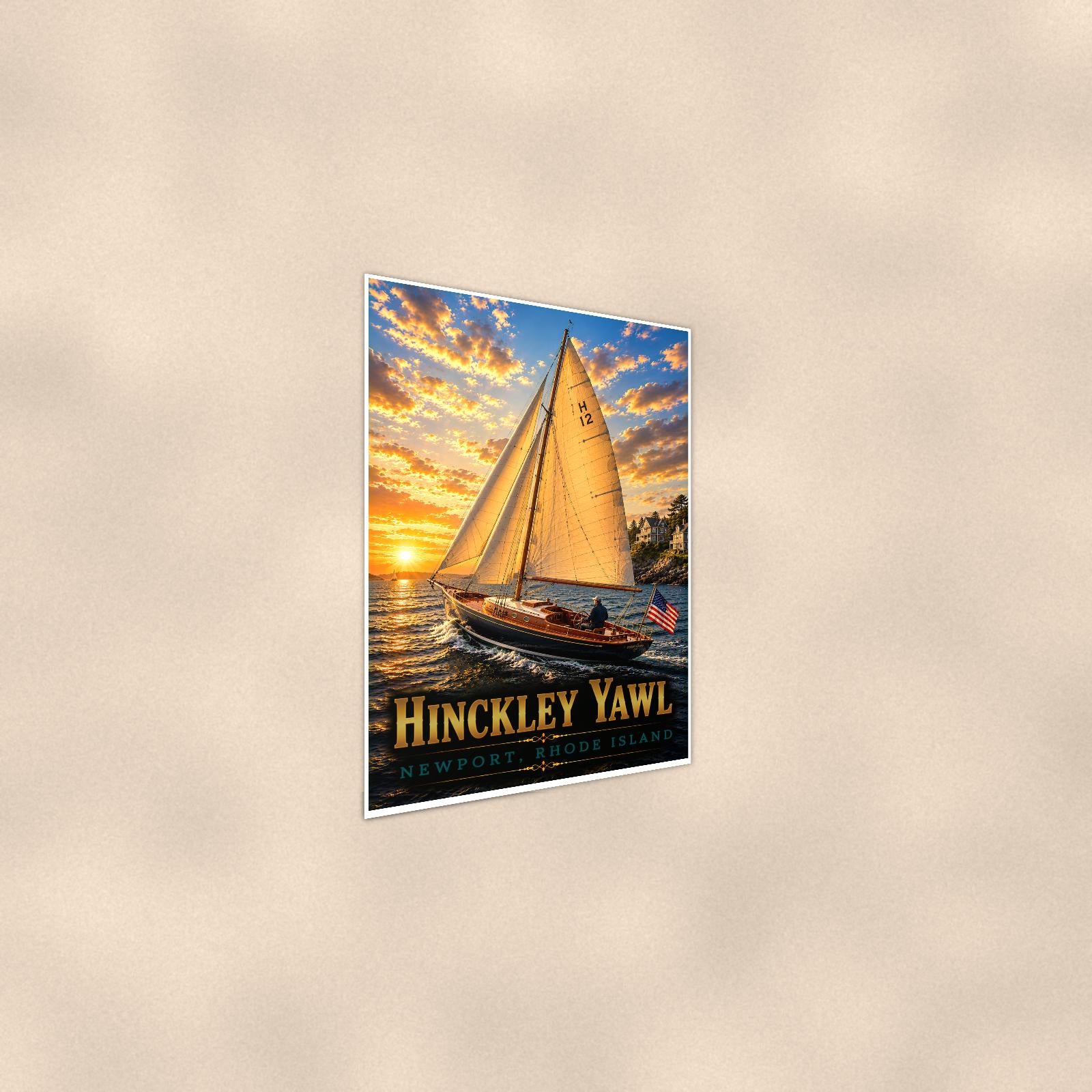 Sailboat on open water — 24x36 in art print poster, premium luster paper with a white border; steeper three-quarter angle on a warm wall, catching the luster sheen.