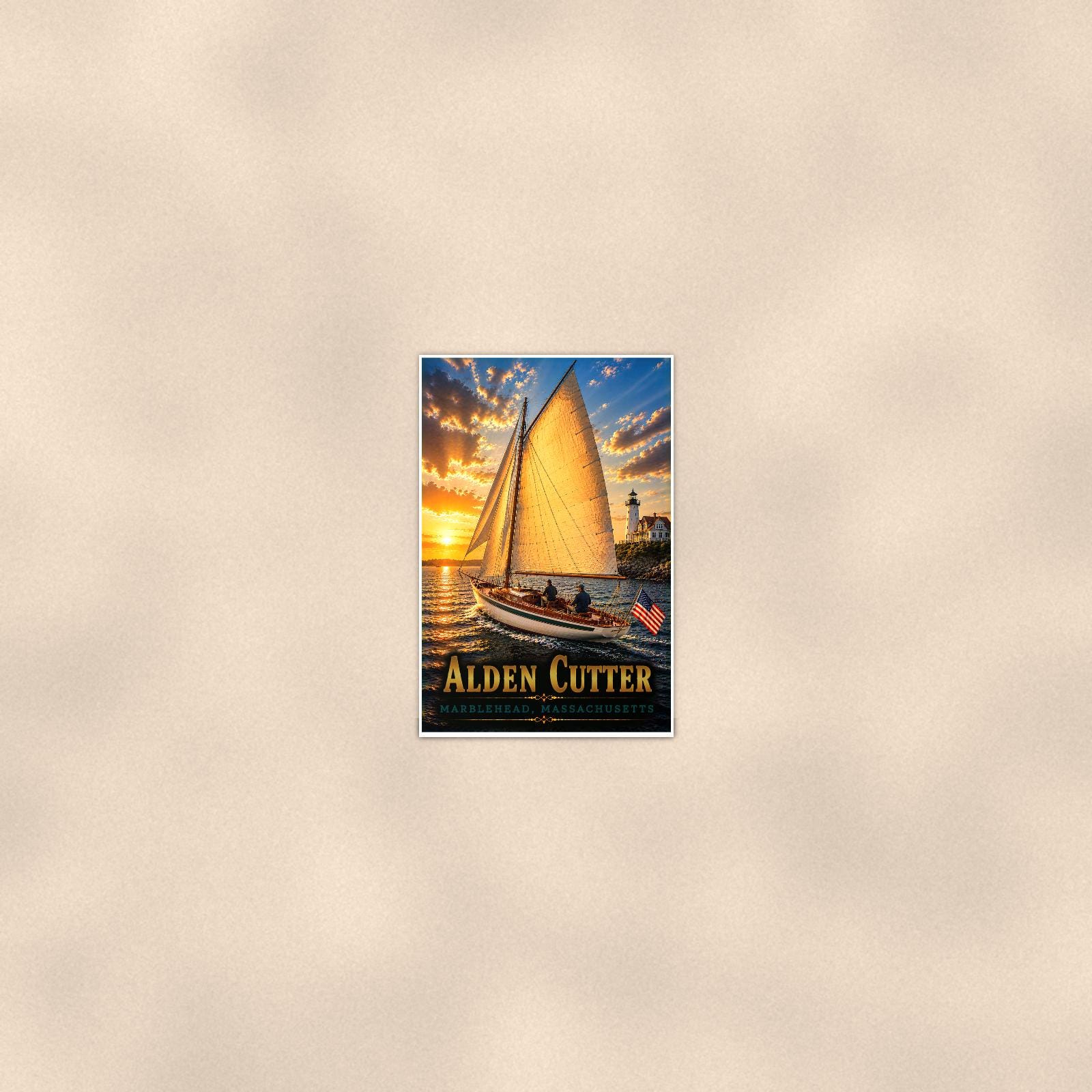 Sailboat on open water — 24x36 in art print poster, premium luster paper with a white border; poster seen from further back, at true 24x36 in scale on a warm wall.