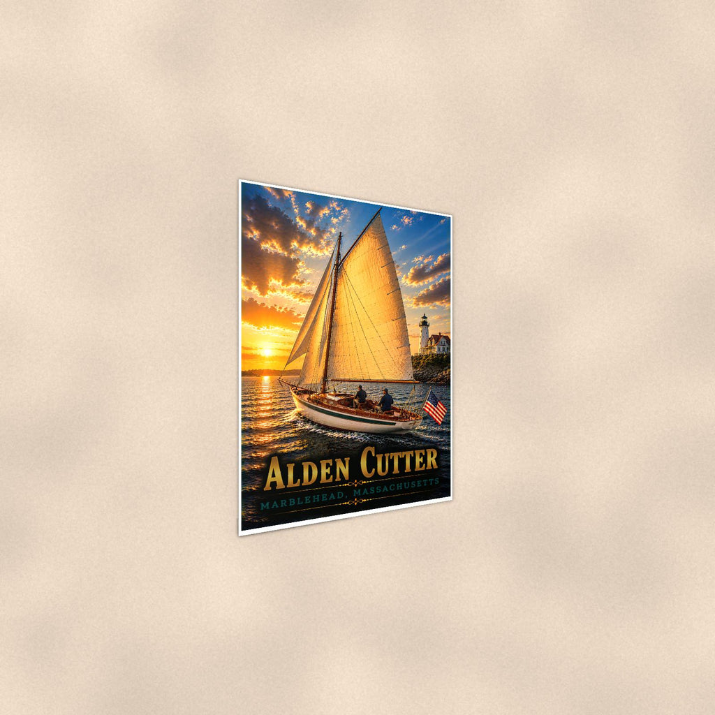 Sailboat on open water — 24x36 in art print poster, premium luster paper with a white border; steeper three-quarter angle on a warm wall, catching the luster sheen.