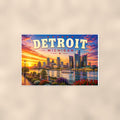 Detroit Skyline — 36x24 in art print poster, premium luster paper with a white border; poster shown straight on against a warm wall.