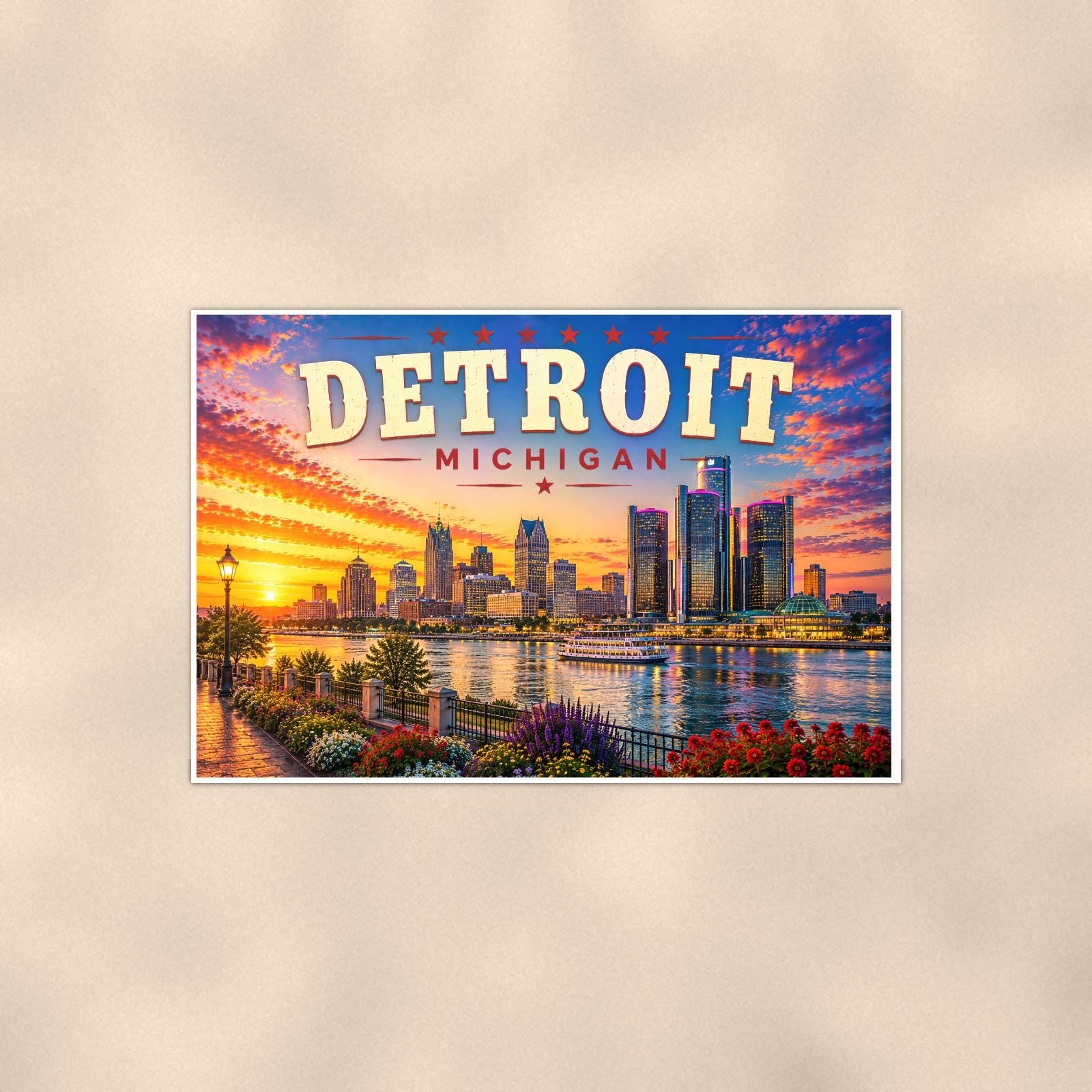 Detroit Skyline — 36x24 in art print poster, premium luster paper with a white border; poster shown straight on against a warm wall.