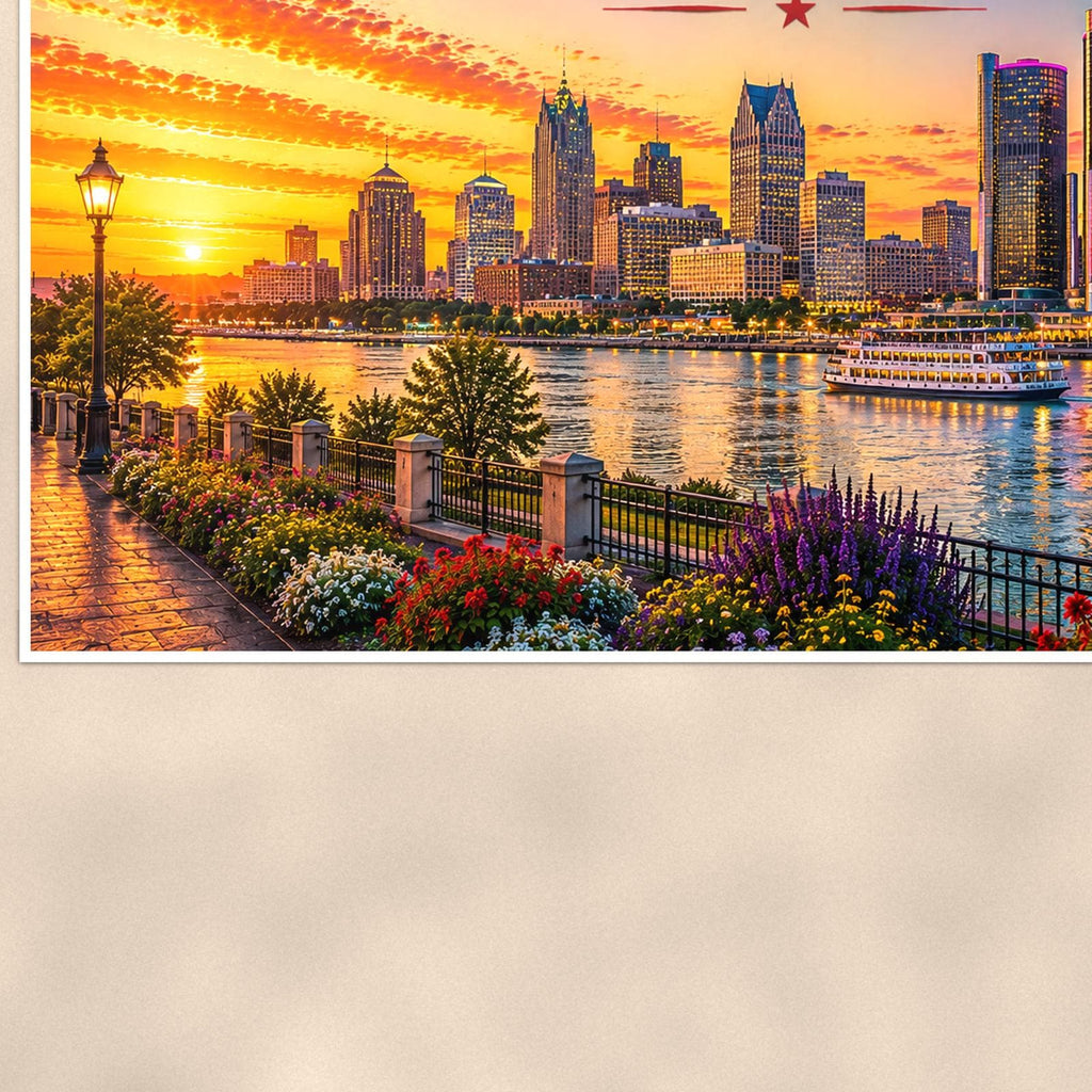 Detroit Skyline — 36x24 in art print poster, premium luster paper with a white border; close-up framed on the main subject of the artwork, paper surface visible.