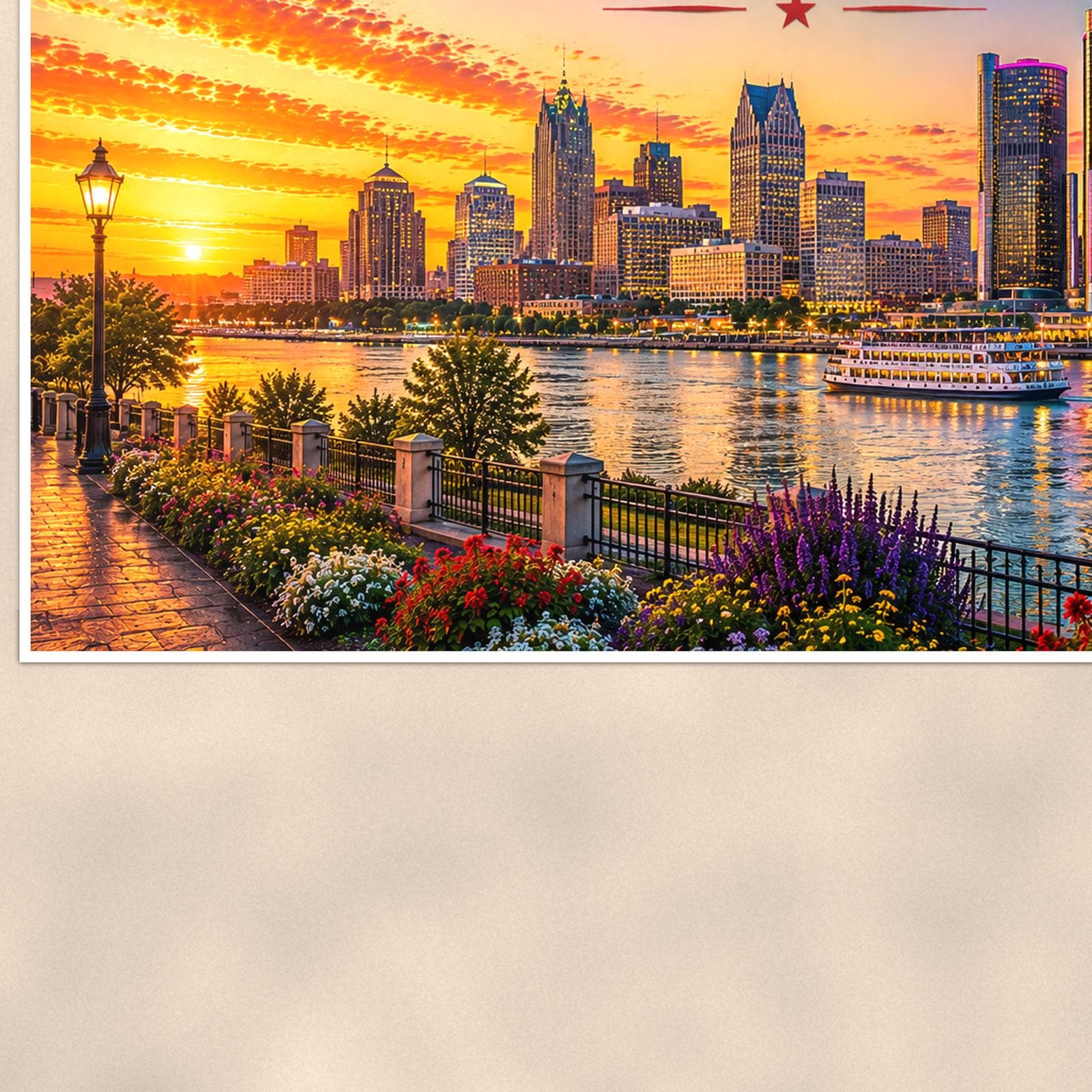 Detroit Skyline — 36x24 in art print poster, premium luster paper with a white border; close-up framed on the main subject of the artwork, paper surface visible.