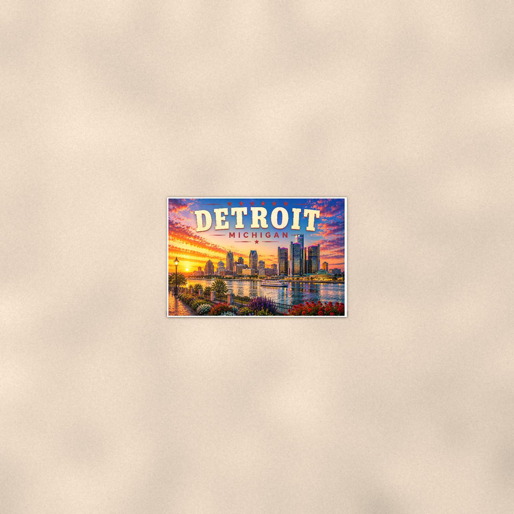Detroit Skyline — 36x24 in art print poster, premium luster paper with a white border; poster seen from further back, at true 24x36 in scale on a warm wall.